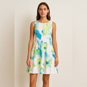 Calvin Klein Women Sleeveless White Floral Fit Flare Dress Size 10P
